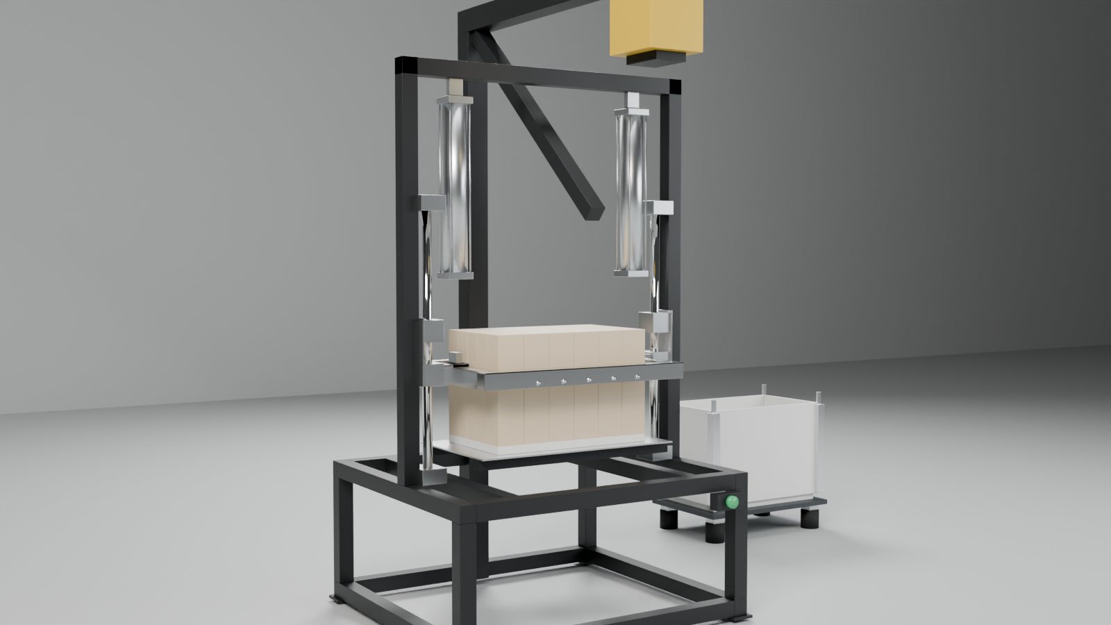 Cutaway render with the guard removed: black portal frame, two cylinders over the cutting frame, guide shafts and a soap block